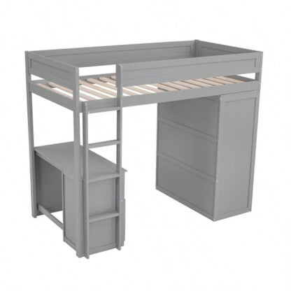 Wood Twin Size Loft Bed with Wardrobes and 2 - Drawer Desk with Cabinet, Gray