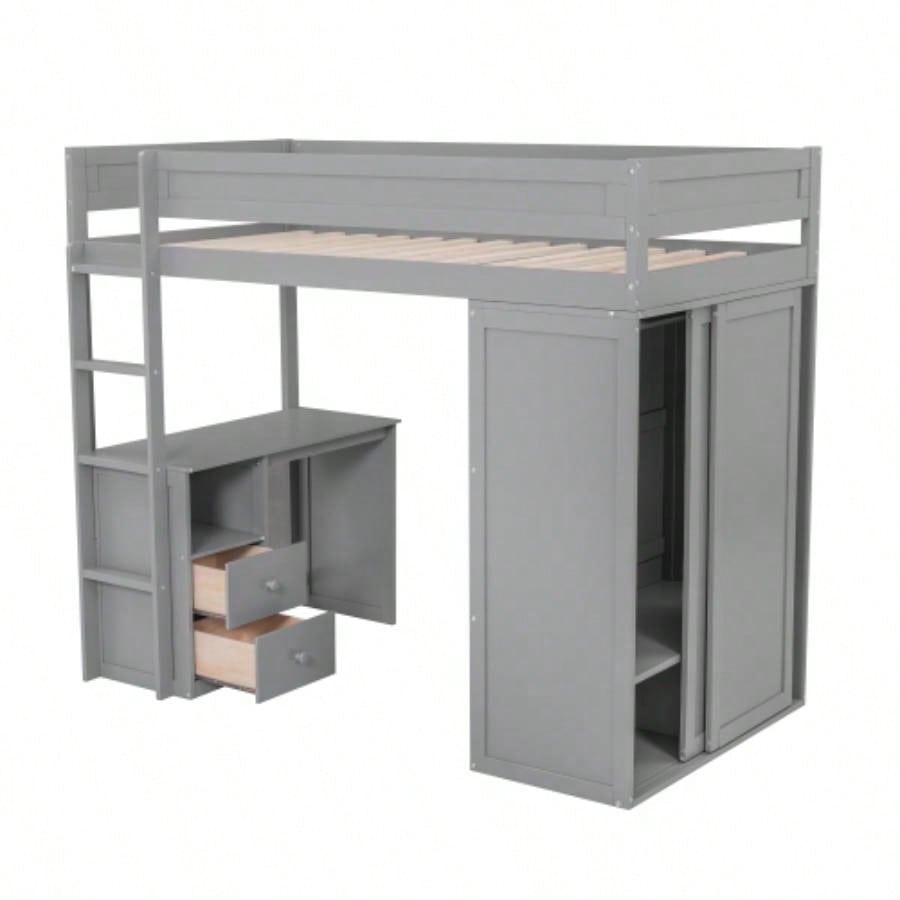 Wood Twin Size Loft Bed with Wardrobes and 2 - Drawer Desk with Cabinet, Gray