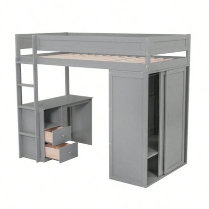 Wood Twin Size Loft Bed with Wardrobes and 2 - Drawer Desk with Cabinet, Gray