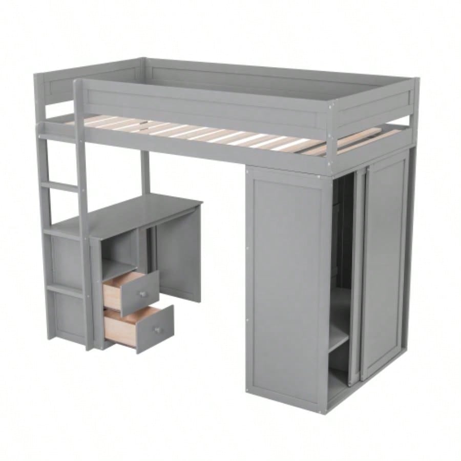 Wood Twin Size Loft Bed with Wardrobes and 2 - Drawer Desk with Cabinet, Gray