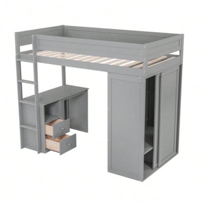 Wood Twin Size Loft Bed with Wardrobes and 2 - Drawer Desk with Cabinet, Gray