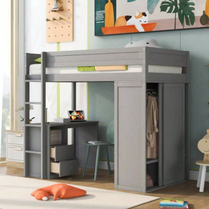 Wood Twin Size Loft Bed with Wardrobes and 2 - Drawer Desk with Cabinet, Gray