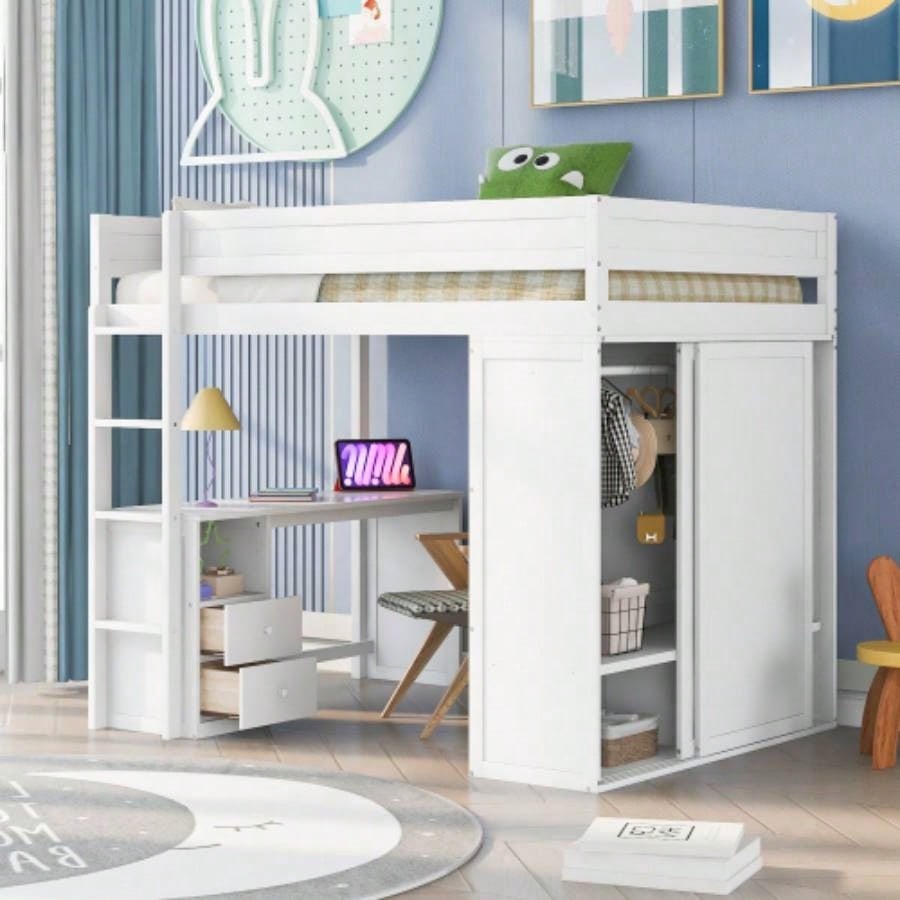 Wood Twin Size Loft Bed with Wardrobes and 2 - Drawer Desk with Cabinet, Gray