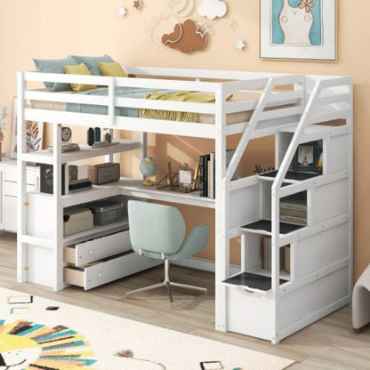 Twin Size Loft Bed with Desk and Shelves, Two Built - in Drawers, Storage Staircase, White