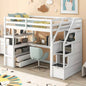 Twin Size Loft Bed with Desk and Shelves, Two Built - in Drawers, Storage Staircase, White