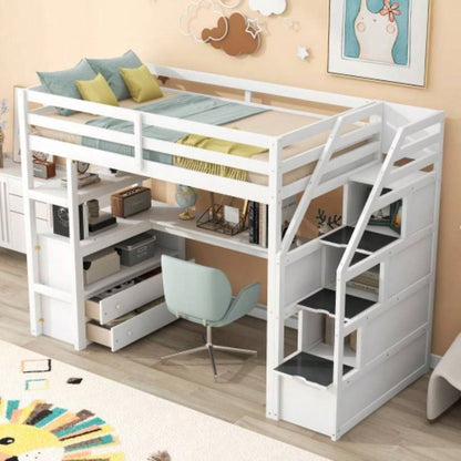 Twin Size Loft Bed with Desk and Shelves, Two Built - in Drawers, Storage Staircase, White