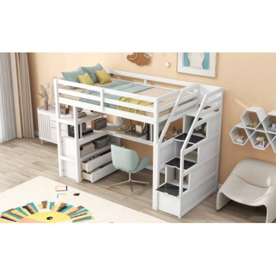 Twin Size Loft Bed with Desk and Shelves, Two Built - in Drawers, Storage Staircase, White