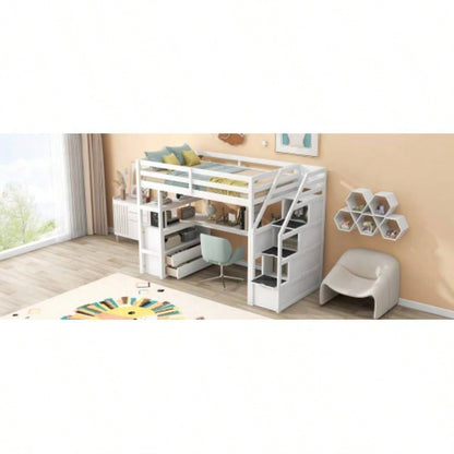 Twin Size Loft Bed with Desk and Shelves, Two Built - in Drawers, Storage Staircase, White