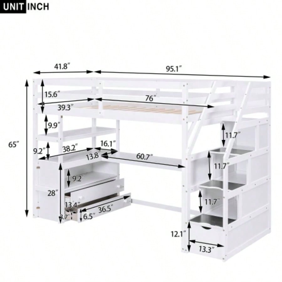 Twin Size Loft Bed with Desk and Shelves, Two Built - in Drawers, Storage Staircase, White