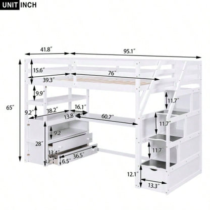 Twin Size Loft Bed with Desk and Shelves, Two Built - in Drawers, Storage Staircase, White