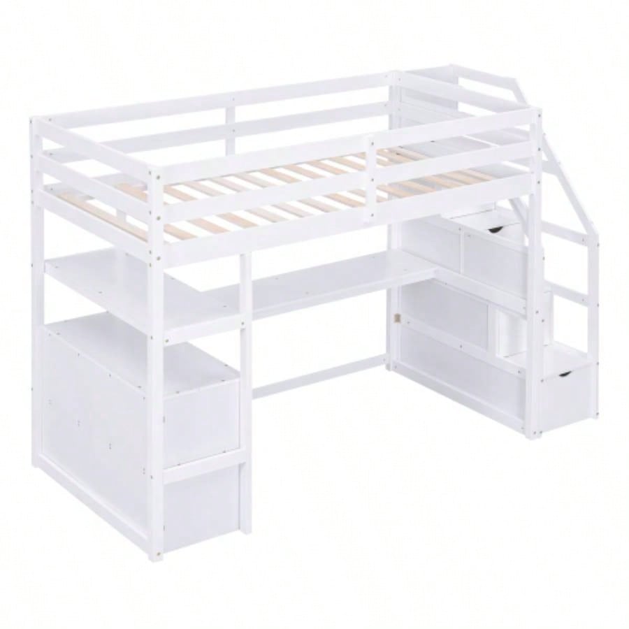 Twin Size Loft Bed with Desk and Shelves, Two Built - in Drawers, Storage Staircase, White