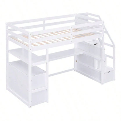 Twin Size Loft Bed with Desk and Shelves, Two Built - in Drawers, Storage Staircase, White