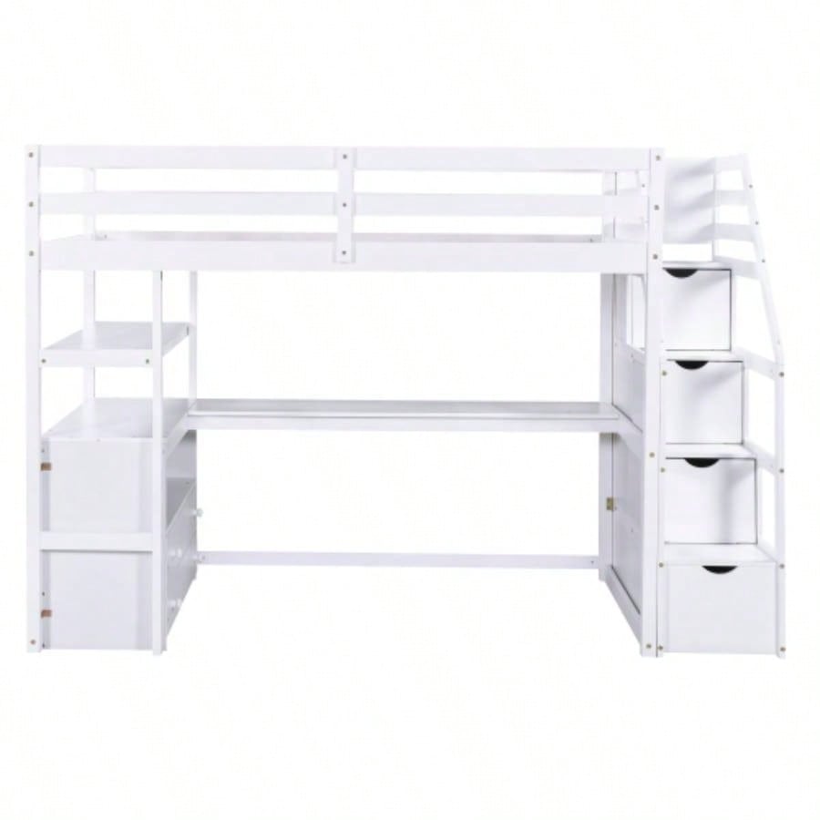 Twin Size Loft Bed with Desk and Shelves, Two Built - in Drawers, Storage Staircase, White