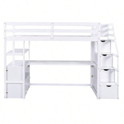 Twin Size Loft Bed with Desk and Shelves, Two Built - in Drawers, Storage Staircase, White