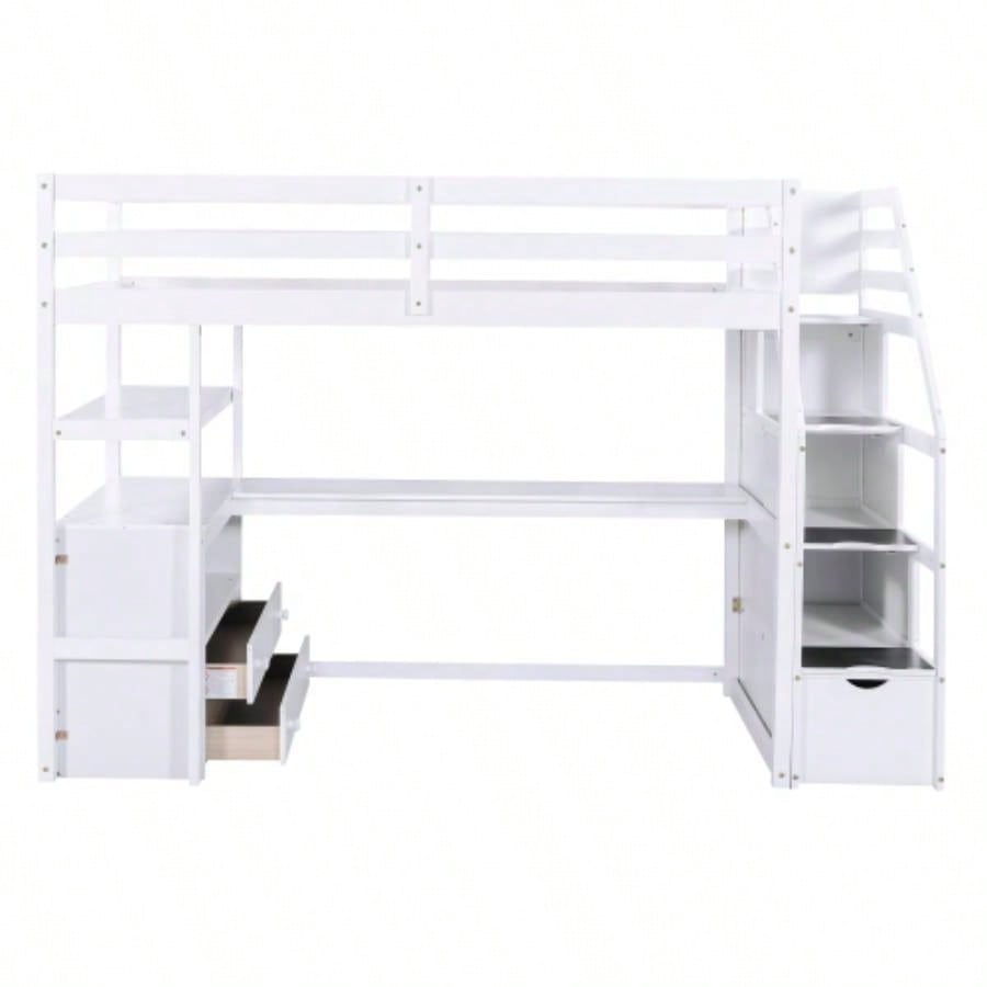 Twin Size Loft Bed with Desk and Shelves, Two Built - in Drawers, Storage Staircase, White