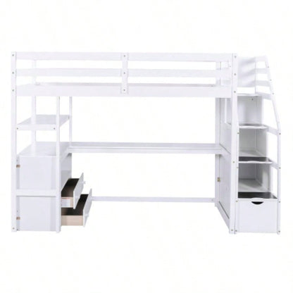 Twin Size Loft Bed with Desk and Shelves, Two Built - in Drawers, Storage Staircase, White
