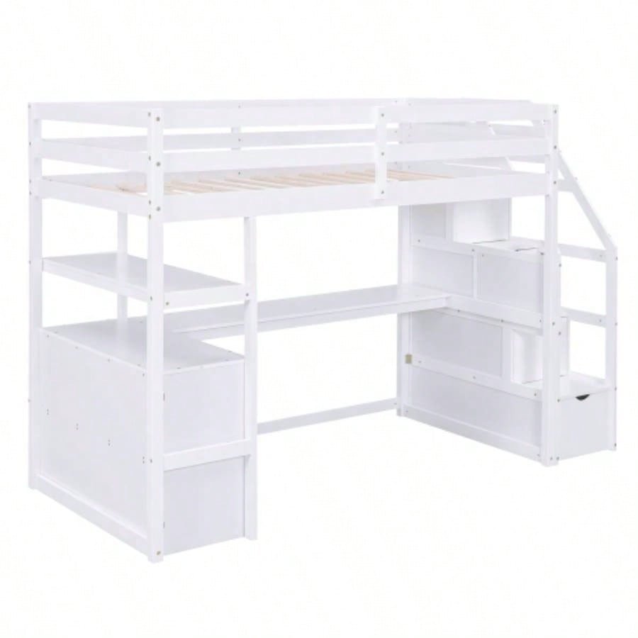 Twin Size Loft Bed with Desk and Shelves, Two Built - in Drawers, Storage Staircase, White