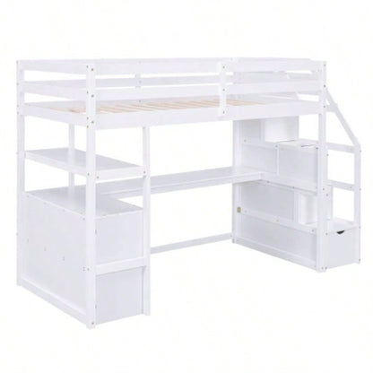 Twin Size Loft Bed with Desk and Shelves, Two Built - in Drawers, Storage Staircase, White