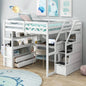 Twin Size Loft Bed with Desk and Shelves, Two Built - in Drawers, Storage Staircase, White