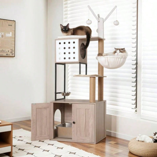 Tree with Litter Box Enclosure - Modern Condo with Scratching Posts, Feeding Bowl Removable Pompom Sticks, Gray