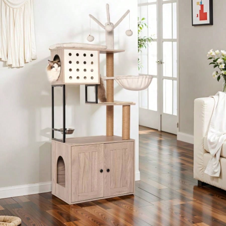 Tree with Litter Box Enclosure - Modern Condo with Scratching Posts, Feeding Bowl Removable Pompom Sticks, Gray