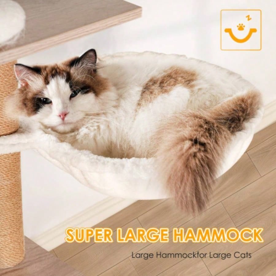 Tree with Litter Box Enclosure - Modern Condo with Scratching Posts, Feeding Bowl Removable Pompom Sticks, Gray
