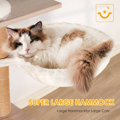 Tree with Litter Box Enclosure - Modern Condo with Scratching Posts, Feeding Bowl Removable Pompom Sticks, Gray