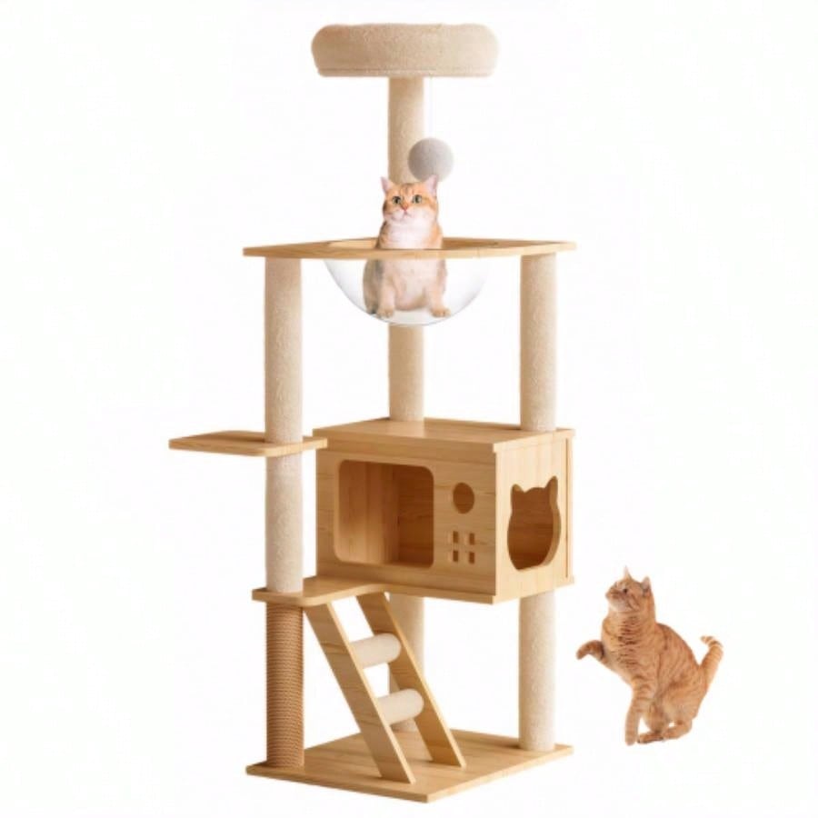 48.8 Modern Tower, Wood Tree Tower Indoor Cats, Treewith Sisal - Covered Scratching Posts and Top Perch, Condo with Acrylic Hammock Small Large Cats