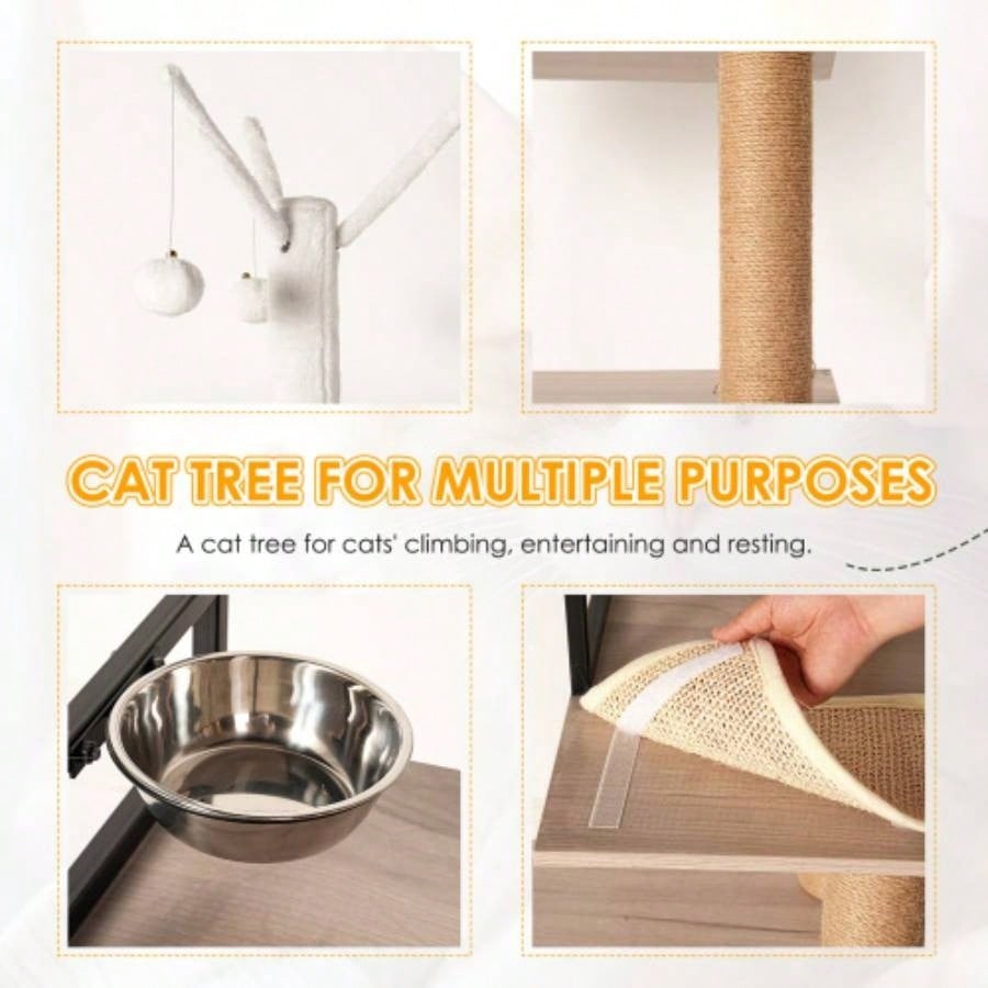 Tree with Litter Box Enclosure - Modern Condo with Scratching Posts, Feeding Bowl Removable Pompom Sticks, Gray