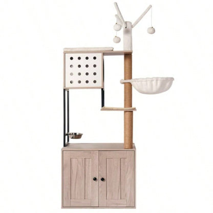 Tree with Litter Box Enclosure - Modern Condo with Scratching Posts, Feeding Bowl Removable Pompom Sticks, Gray