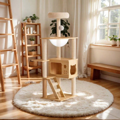 48.8 Modern Tower, Wood Tree Tower Indoor Cats, Treewith Sisal - Covered Scratching Posts and Top Perch, Condo with Acrylic Hammock Small Large Cats