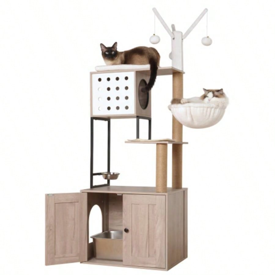 Tree with Litter Box Enclosure - Modern Condo with Scratching Posts, Feeding Bowl Removable Pompom Sticks, Gray