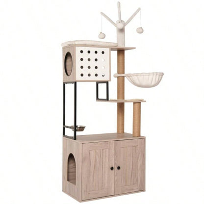 Tree with Litter Box Enclosure - Modern Condo with Scratching Posts, Feeding Bowl Removable Pompom Sticks, Gray