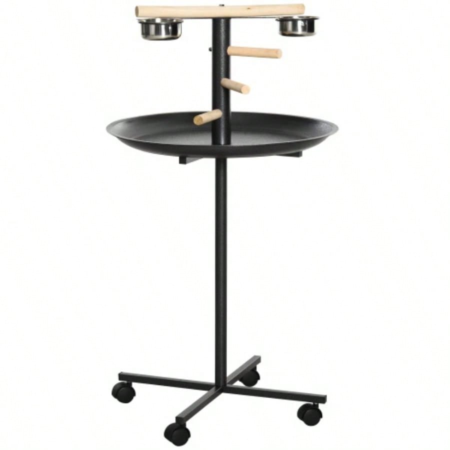 PawHut Bird Stand, Portable Parrot Perch, Bird Feeder Station, with Four Wheels, Stainless Steel Feeding Bowls, Round Tray,