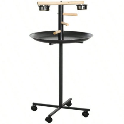PawHut Bird Stand, Portable Parrot Perch, Bird Feeder Station, with Four Wheels, Stainless Steel Feeding Bowls, Round Tray,
