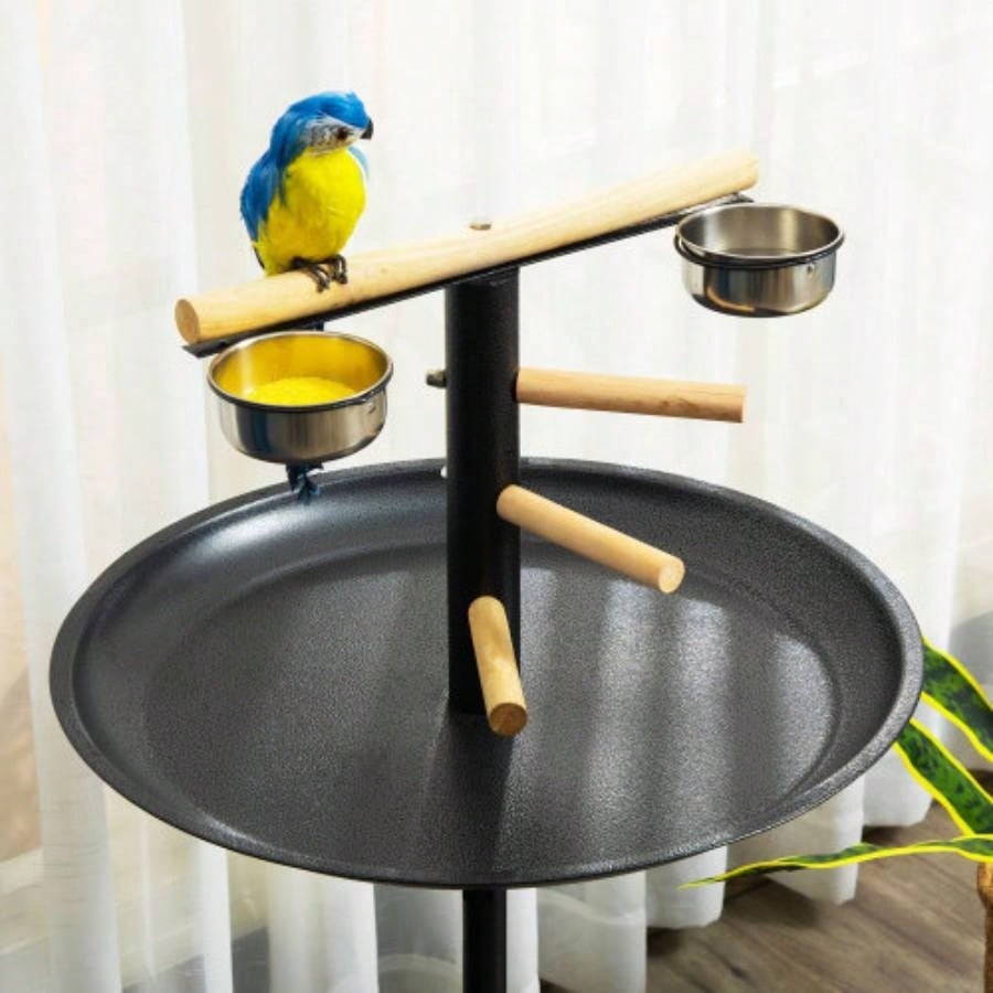PawHut Bird Stand, Portable Parrot Perch, Bird Feeder Station, with Four Wheels, Stainless Steel Feeding Bowls, Round Tray,