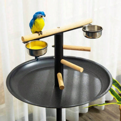 PawHut Bird Stand, Portable Parrot Perch, Bird Feeder Station, with Four Wheels, Stainless Steel Feeding Bowls, Round Tray,