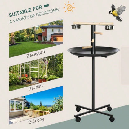 PawHut Bird Stand, Portable Parrot Perch, Bird Feeder Station, with Four Wheels, Stainless Steel Feeding Bowls, Round Tray,