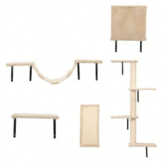 5 Pcs Wall Mounted Climber Set, Floating Shelves and Perches, Activity Tree with Scratching Posts, Modern Furniture, Beige
