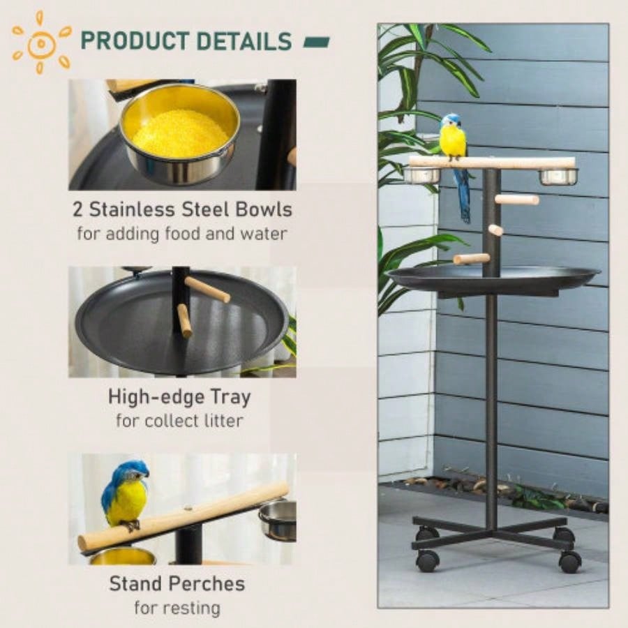 PawHut Bird Stand, Portable Parrot Perch, Bird Feeder Station, with Four Wheels, Stainless Steel Feeding Bowls, Round Tray,