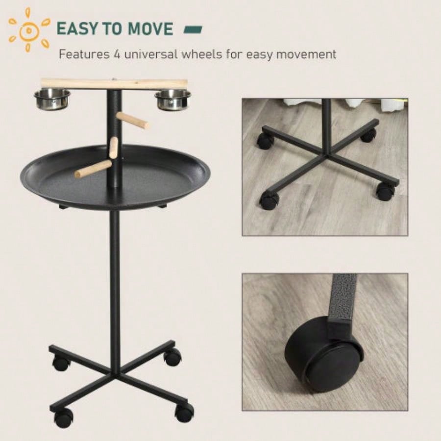 PawHut Bird Stand, Portable Parrot Perch, Bird Feeder Station, with Four Wheels, Stainless Steel Feeding Bowls, Round Tray,