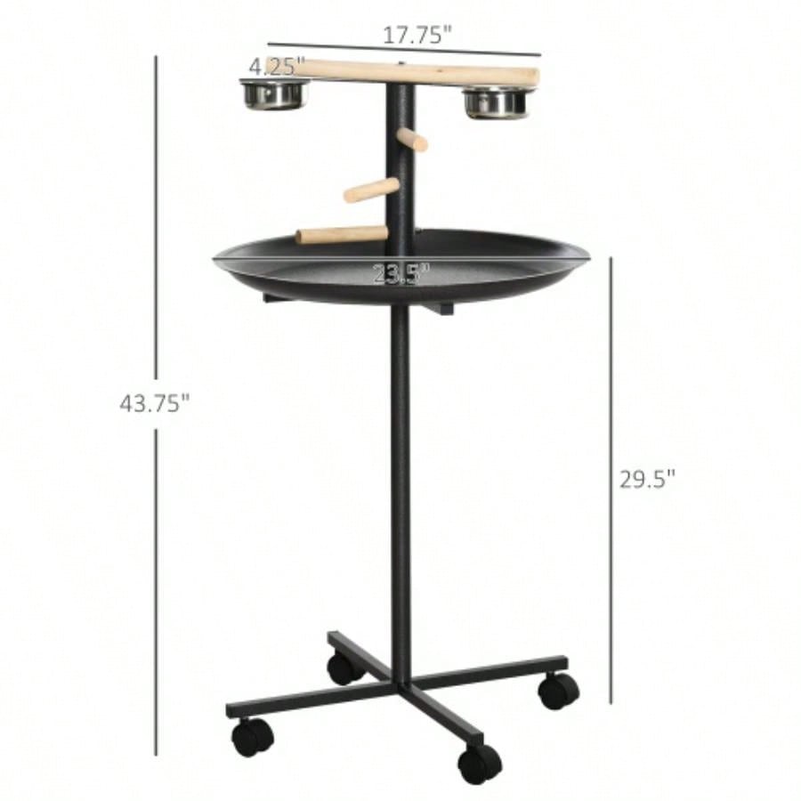 PawHut Bird Stand, Portable Parrot Perch, Bird Feeder Station, with Four Wheels, Stainless Steel Feeding Bowls, Round Tray,