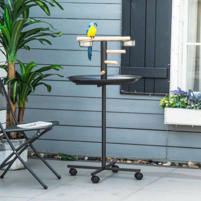 PawHut Bird Stand, Portable Parrot Perch, Bird Feeder Station, with Four Wheels, Stainless Steel Feeding Bowls, Round Tray,
