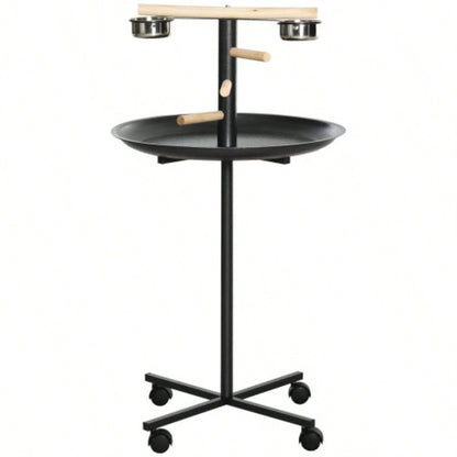 PawHut Bird Stand, Portable Parrot Perch, Bird Feeder Station, with Four Wheels, Stainless Steel Feeding Bowls, Round Tray,