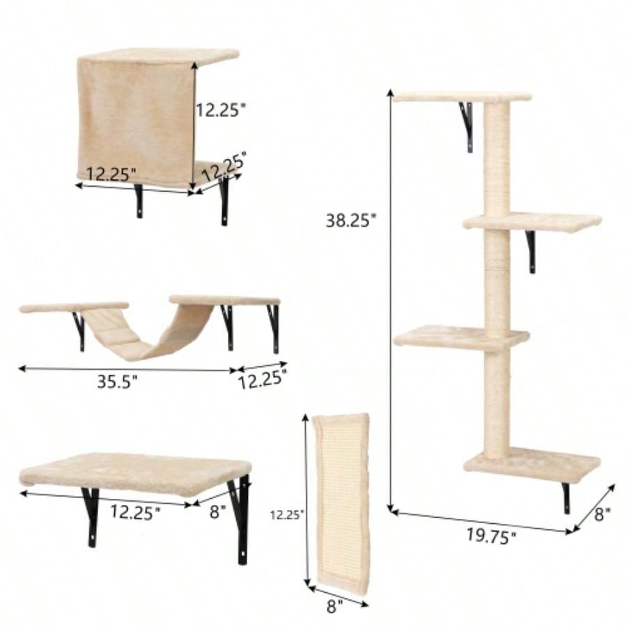 5 Pcs Wall Mounted Climber Set, Floating Shelves and Perches, Activity Tree with Scratching Posts, Modern Furniture, Beige