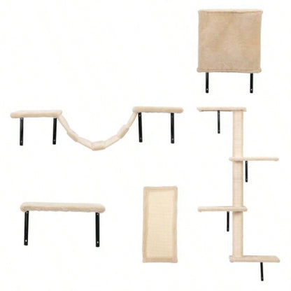 5 Pcs Wall Mounted Climber Set, Floating Shelves and Perches, Activity Tree with Scratching Posts, Modern Furniture, Beige
