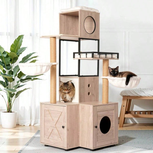 63 Multi - Functional Tree with Litter Box - Includes Removable Washable Cushion, Scratching Posts Toy Hanger, Modern Design, Rustic Gray