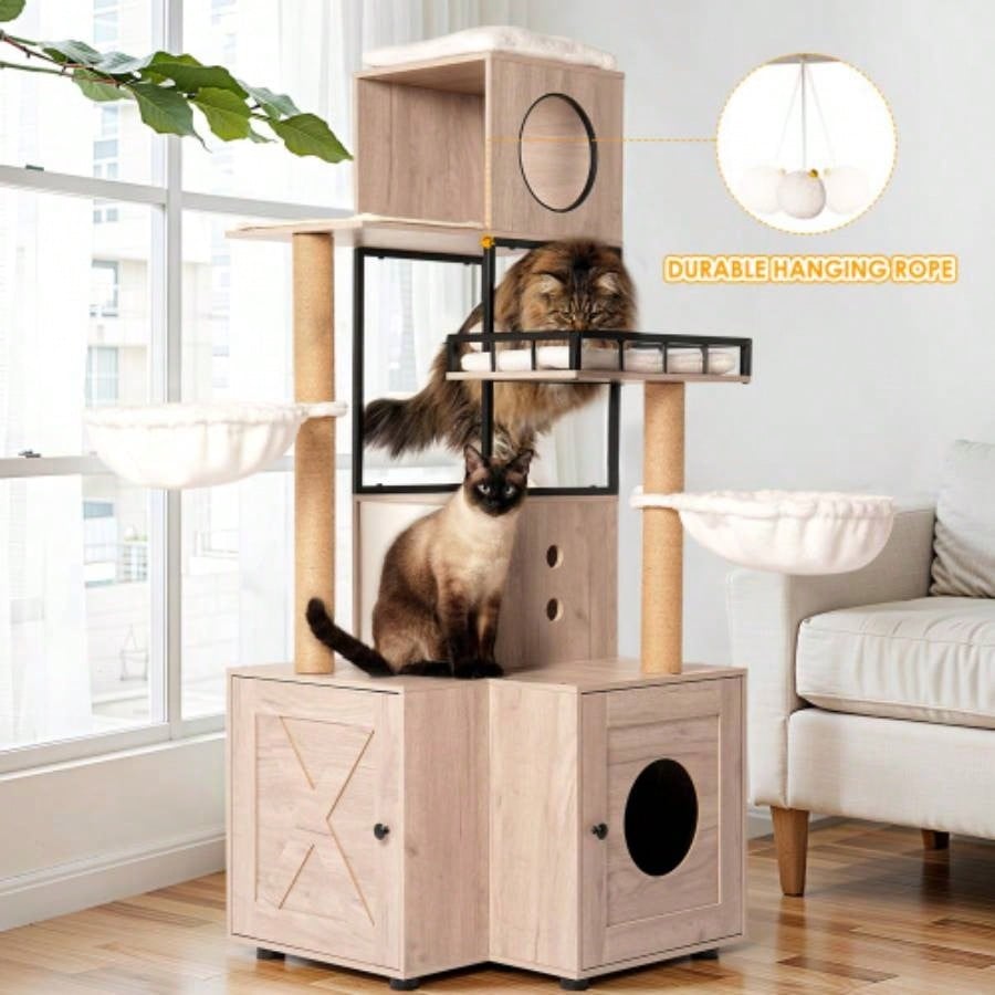 63 Multi - Functional Tree with Litter Box - Includes Removable Washable Cushion, Scratching Posts Toy Hanger, Modern Design, Rustic Gray