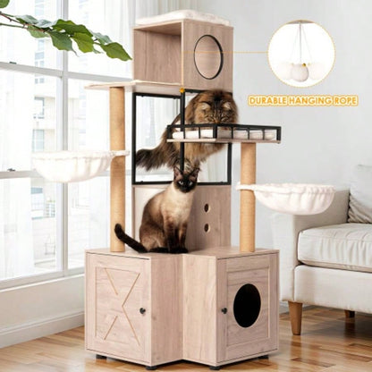 63 Multi - Functional Tree with Litter Box - Includes Removable Washable Cushion, Scratching Posts Toy Hanger, Modern Design, Rustic Gray