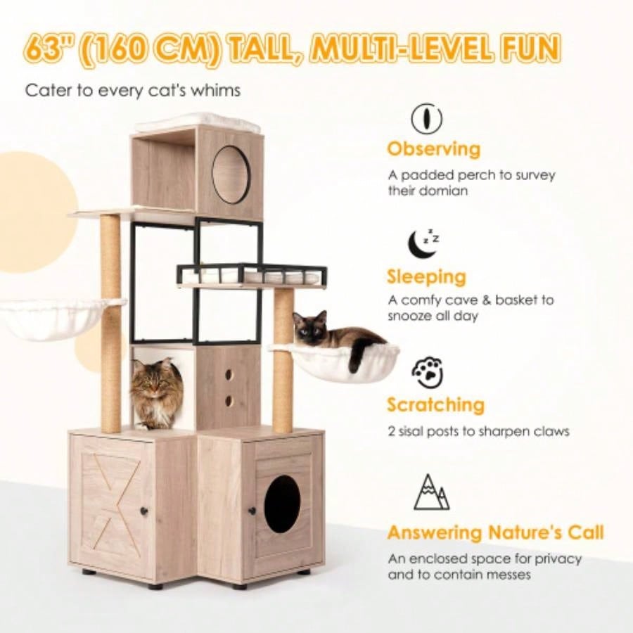 63 Multi - Functional Tree with Litter Box - Includes Removable Washable Cushion, Scratching Posts Toy Hanger, Modern Design, Rustic Gray